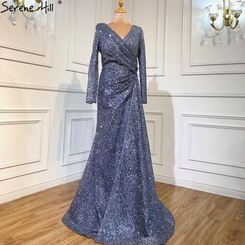 Serene Hill Muslim Nude A-Line Luxury Evening Dresses Gowns 2021 Long Sleeves Crystal For Women Party LA70856