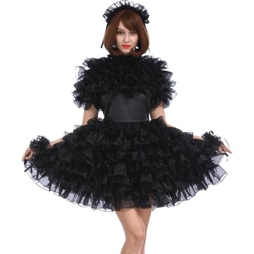 Sissy Girl Lockable Black Satin Organza Puffy Dress Uniform Crossdress Cosplay Costume