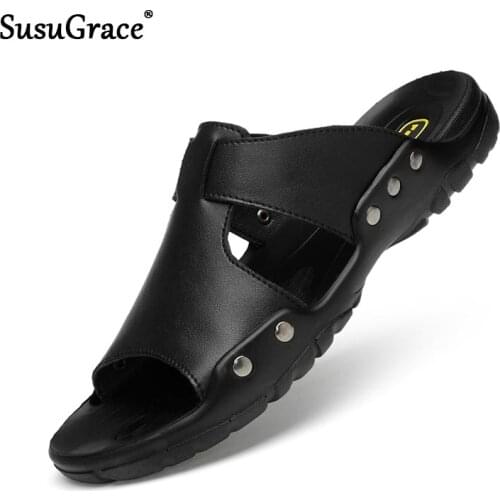 SusuGrace Men Leather Slippers Quality Flats Sandals Light Beach Shoes Hombre Sandalias Black Zapatillas De Casa Plus Size 38~52