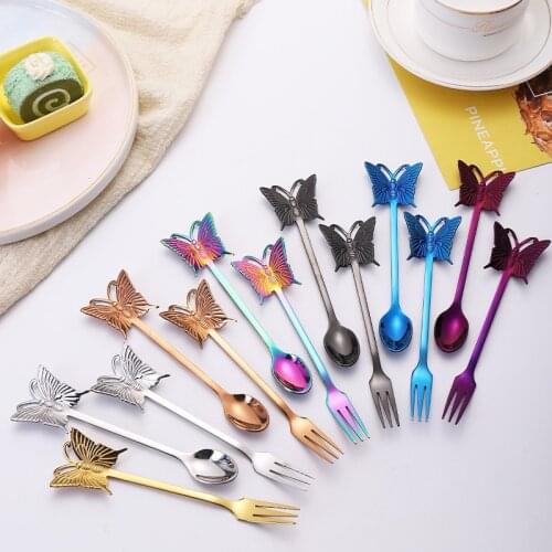 Creative Butterfly Shape Spoon Fork 304 Stainless Steel Tableware Titanium Coffee Stirring Spoon Cake Three-tooth Fork