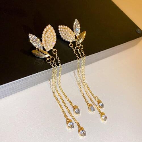 U-Magical Exquisite Tree Leaf Imitation Pearl Dangle Earring for Women Rhinestone Tassel Metal Earring Jewelry Accessories