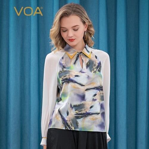 VOA White Background Twill Jacquard Purple Gold Dot Trim Hollow Lapel Perspective Tees Long-sleeved Silk Top Woman Tshirts BE170
