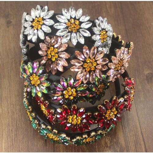 Luxury New Baroque White Pink Shiny Crystal Large Flower Temperament Jewelry Headband Hair Accessories for Womens Wedding Party