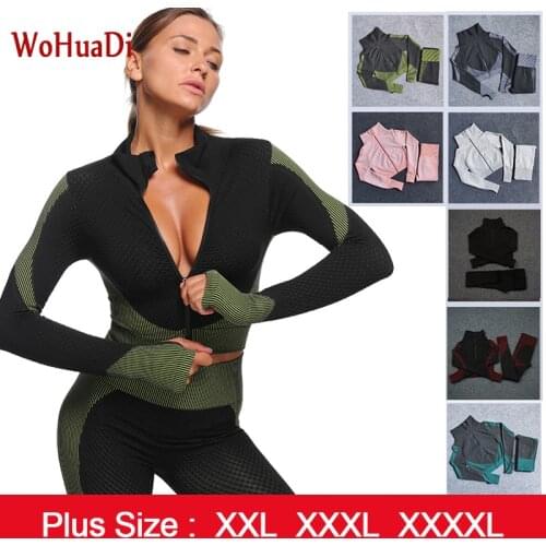 WOHUADI Womens Sportswear Yoga Sets Female Sport Gym Fitness Clothes Long Sleeve Shirt+High Waist Legging Plus Size XXL/3XL/4XL