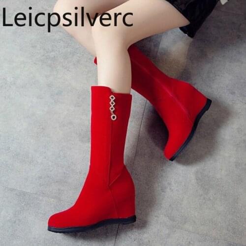 Womens Boots The New winter fashion zipper Internal increase mid heel Middle tube Womens shoes plus size 34-43 Heel Height 6cm