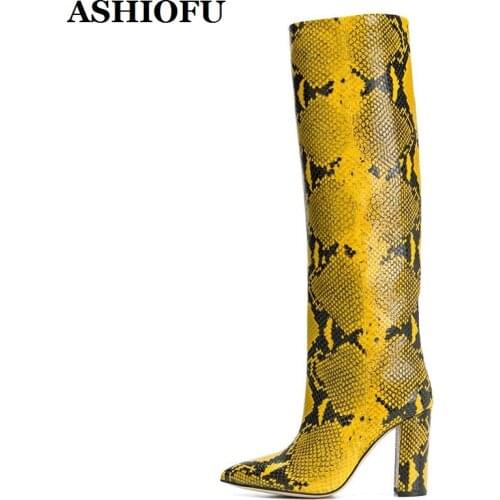 ASHIOFU Handmade New Womens Thick Heels Boots Faux-snake Leather Party Prom Club Winter Boots Evening Pointy Sexy Fashion Boots
