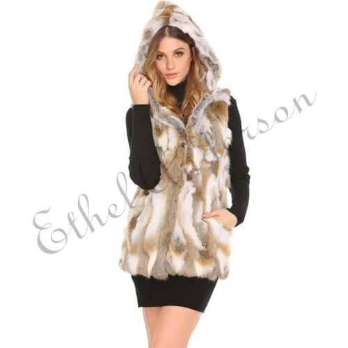 Ethel Anderson Real Rabbit Fur Long Vest Womens Hooded Rabbit Fur Jacket Overcoat
