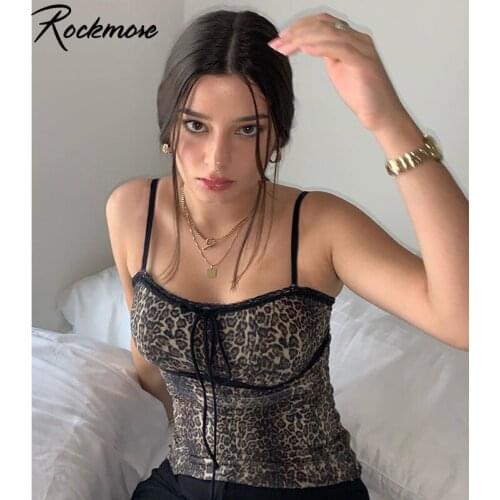 Rockmore Leopard Printed Lace Up Spaghetti Strap Off Shoulder Tank Top Women Bodycon Summer Club Camisole Crop Tops Casual Camis