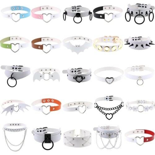 Goth Punk White PU Leather Necklaces For Women Rock Round heart Spike Rivet Studded Choker sexy collar Harajuku cosplay Jewelry