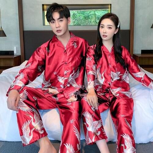 2020 Autumn Couple Long Sleeve Silk Satin Pajama Sets for Women Cute Cartoon Sleepwear Pyjamas Men Homewear Pijama Mujer Clothes