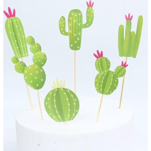 6pcs/set Green Cactus Cupcake Toppers Summer Style Birthday Party Cake Toppers Tropical Party Birthday Decorations