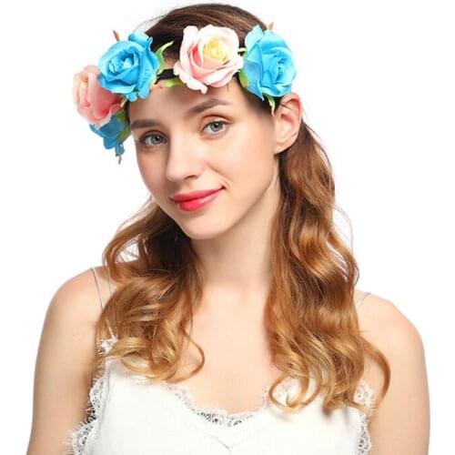 Boho Elastic Flower Headband Fabric Flower Crown Wedding Wreath Bridesmaid Garland Rose Elastique Cheveux Bride Hair Accessories