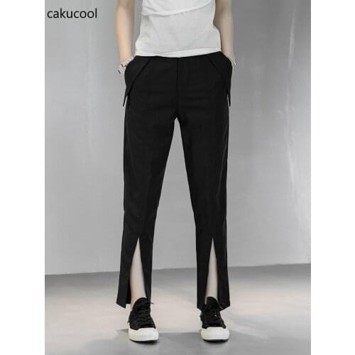 Cakucool 2021 new pants leg split Slim small trousers straight leg Capris womens casual High Waist Pants Black Fashion