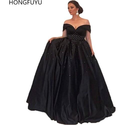 HONGUYU Black Satin Plus Size Prom Dresses Long Beaded Elegant Off Shoulder vestidos de fiesta Evening Party Gowns Sleeveless