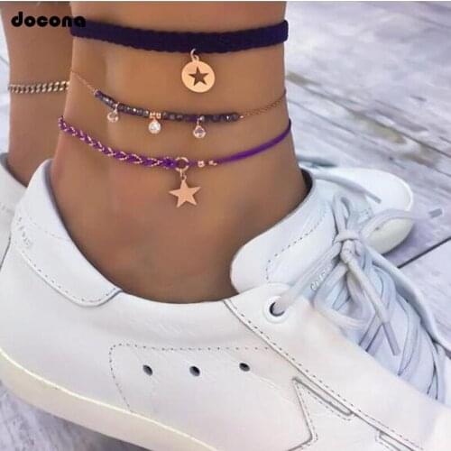 Docona Tiny Hollow Star Beaded Multilayer Anklet Set for Women Charming Colorful Crystal Anklet Foot Chains Jewelry 8605