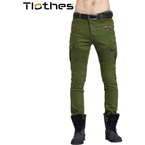 Streetwear Biker Jeans Men Motorcycle Jeans Pants with Zipper Slim Fit Straight Denim Pants Mens Pleated Stretch Jeans Casual