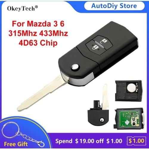 Okeytech Flip Car Remote Control Key Fob For Mazda 3 6 Auto Key 315Mhz/433MHz ID83 4D63 Transponder Chip Uncut Blade 2 Buttons