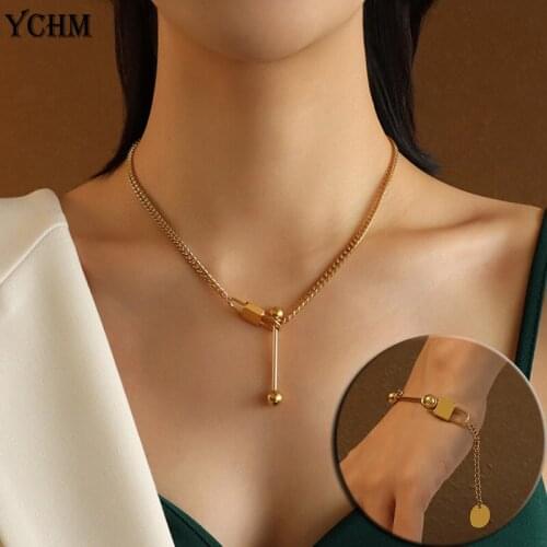Stainless Steel Balance Bar Pendant Neckalce Bracelet Set for Women Gold Plated Jewelry Set Choker for Girl YCHM Jewelry Gift