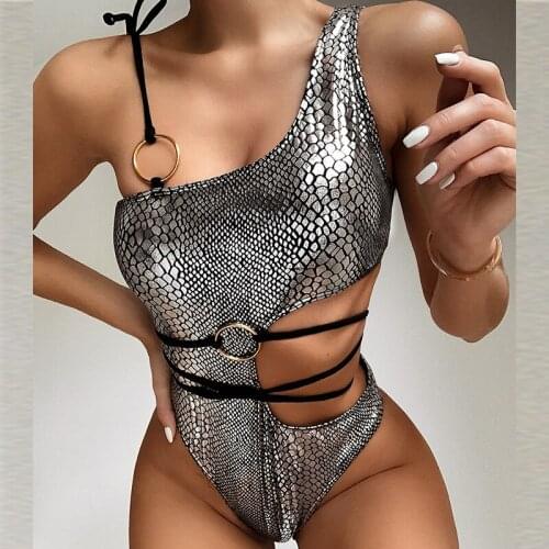 Misswim Sexy silver snake print one piece swimsuit female String monokini one shoulder swimwear women Ring bodysuit bathers 2020