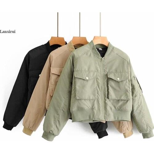 Women Oversized Military Green Bomber Jacket Moto Biker Pilot Long Sleeve Female Cropped Coat Outerwear Chaquetas Mujer