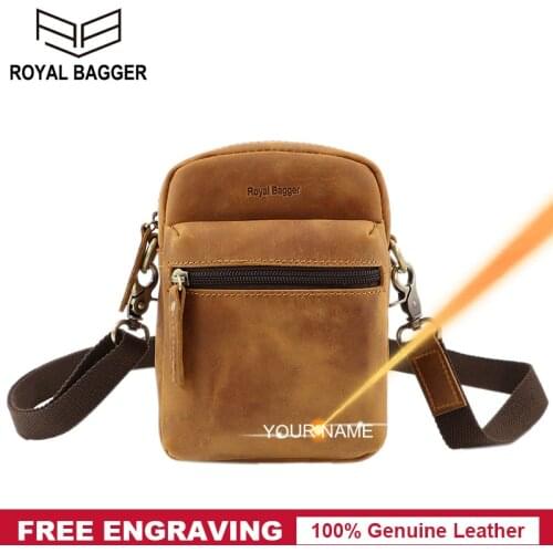 Royal Bagger Small Shoulder Bag for Men Crazy Horse Leather Sling Messenger Bags Man Genuine Cow Leather Waist Pack Retro Sports