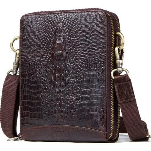 Fashion Mens Leather Messenger Bag Crocodile Grain Leather Shoulder Bag Mini Mobile Phone Men Bag