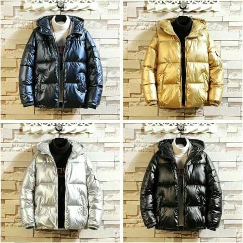 Men Women Hooded Puffer Jacket Shiny Parka Quilted Padded Coat Warm Outwear Chic Gold Coat 923-454