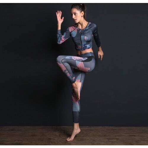Yoga set Printed Womens Sports Yoga Suits Long Sleeve Crop Top T-shirt Jogging Suits Women Mujer Training Running Set Clothing
