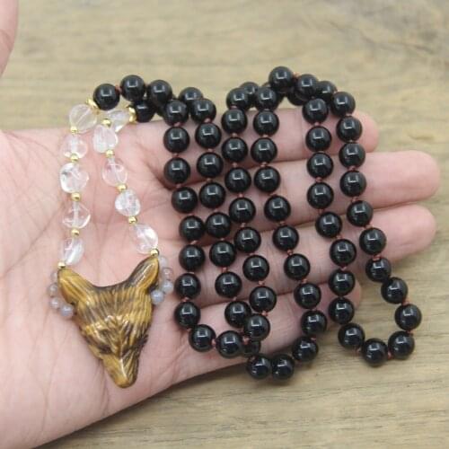 Natural Black Agates 8mm Round Beads Knotted Handmade Yoga Necklace Tiger eye Stone Craved Wolf Head Pendant Mala Jewelry,QC0109