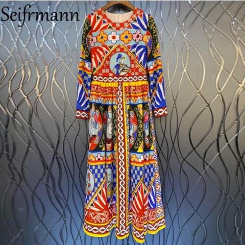 Seifrmann New 2021 Autumn Women Fashion Designer Party Long Dress Lantern Sleeve Gorgeous Crystal Vintage Printed A-Line Dresses