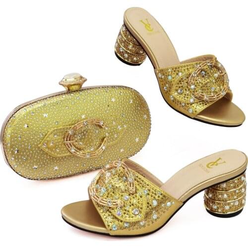 Shoes and Bag Set Gold Color African Matching Shoe and Bag Set Decorated with Flowers Nigerian Shoes and Bag Set for Women