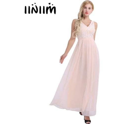Women formal First Communion Dress Ladies Embroidered Chiffon Sleeveless Evening V-Neck Party Dress Long Dress Prom Gown Dress