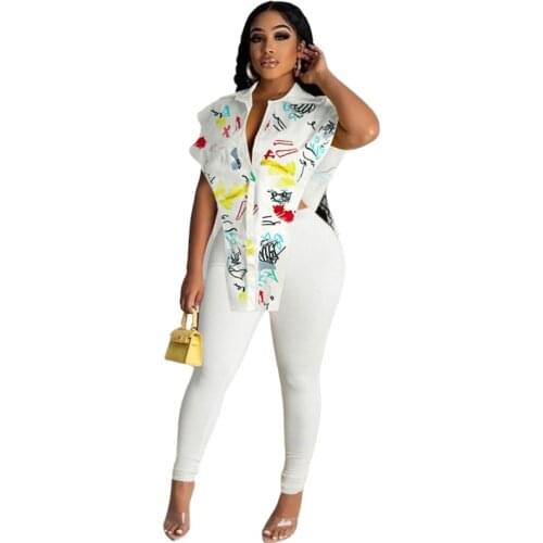 2 Pieces Set Sexy Summer Autumn Fashion Women Set 2021 Female Tops Floral Print Sleeveless Shirt And Elastic Waist Pants Sets