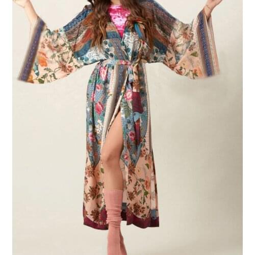 Women Beach Swimsuit Cover Up Boho Floral Printed Open Front Kimono Cardigan Long Sleeves Belted Wrap Front Side Split Maxi Robe