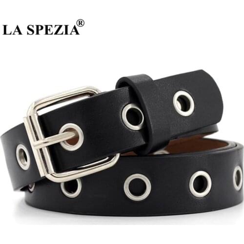 LA SPEZIA Belt For Women Black Pin Buckles Leather Women Belt Hollow Waist Belt For Trousers Brand 2021 New Ladies Belt