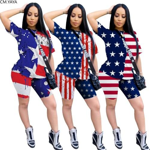 CM.YAYA Women Sport American Flag two piece set Tracksuit O-neck T-shirt tops shorts jogger sweatpants Suit Outfits Matching Set