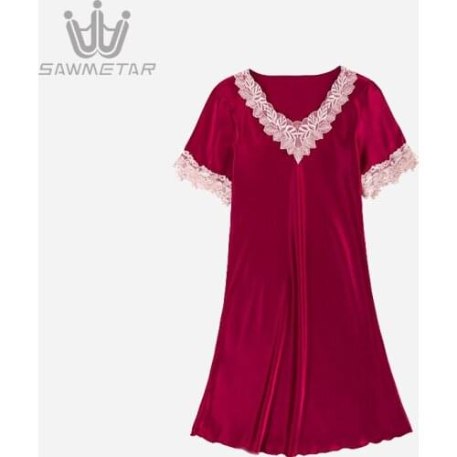 Women Sexy Night Dress Lady Summer Satin Lace Sleepwear Hot Sell Short Sleeve Silk Nightgown 2020 New Style Sexy Nightwear