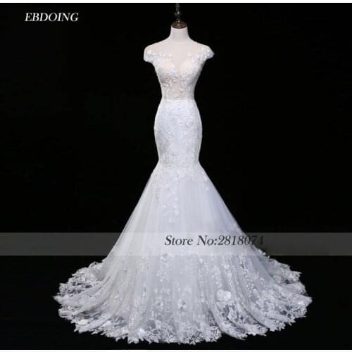 Real Photo Vestidos De Novia Wedding Dress Mermaid Scalloped Neckline Robe De Mariage Lace Appliques Backless Bride Dresses