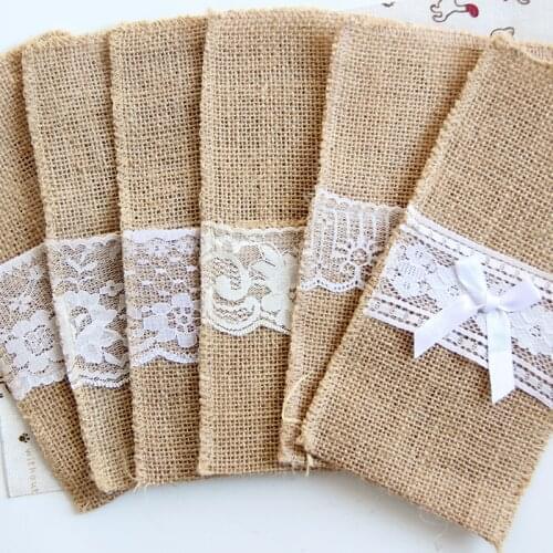 10/20/50/100PCS Burlap Lace Cutlery Pouch Holder Bag Rustic Wedding Tableware Knife Fork Bags Birthday Party Supplies Decoration