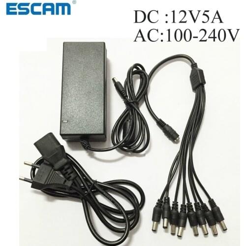 Escam DC 12V 5A Power Supply Adapter + 8 Split Power Cable for CCTV Security Camera DVR Analog AHD TVI CVI camera DVR Systems