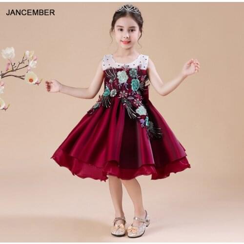 B036 Satin Sleeveless Flower Girls Wedding Christmas Children Evening Party Dress 2021 Kids Ball Gowns