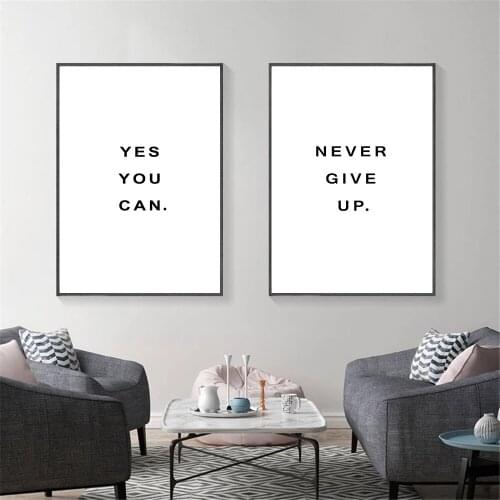 Yes You Can Motivational Phrase Poster Never Give Up Quotes Print Black And White Minimalist Canvas Painting Pictures Home Decor
