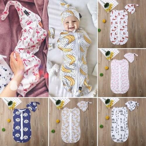 Baby Swaddle Muslin Blanket Cute Animal Printed Newborn Infant Baby Sleeping Bags Zipper Wrap Swaddling Blanket+Hats