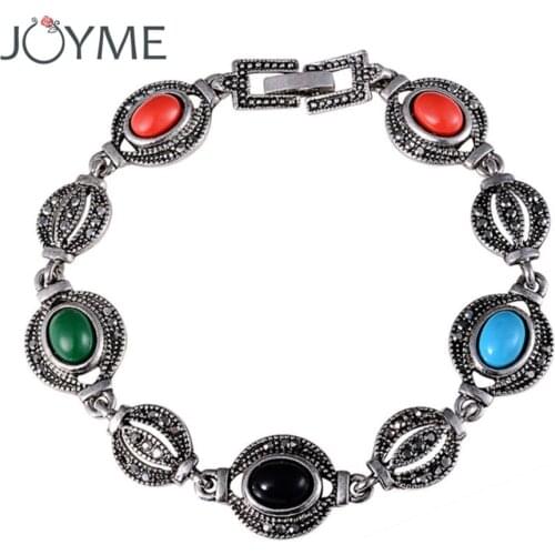 Joyme Turkish Jewelry Boho Vintage Tibet Silver Color Opal Green Eye Resin Beads Carved Femme Charm Bracelet Bracelets For Women
