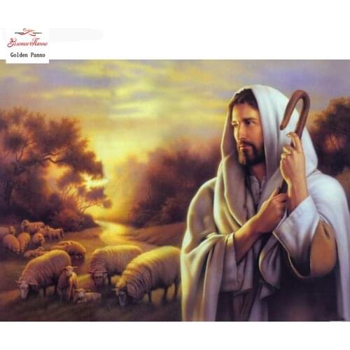 Golden panno 5D DIY Diamond Painting Religious Jesus Shepherd Full Square Rhinestone Cross Stitch Diamond Mosaic Christmas Gift