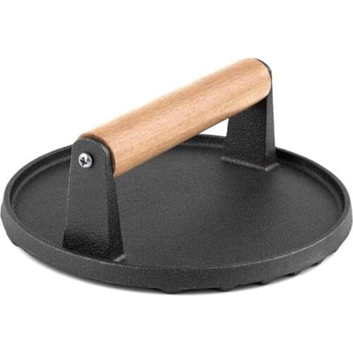 Round Big BBQ Tool Cast Iron Wooden Handle Steak Plate Meat Press Grill Fried Meat Squid Steak Barbecue Pressure Plate