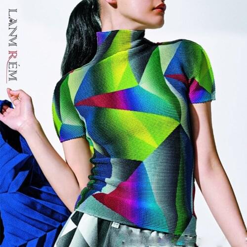 LANMREM Women New Pleated Short Sleeve T-shirt Turtleneck Printing Slim T-shirts Stitching Color 2021 Summer Fashion Top 2H211