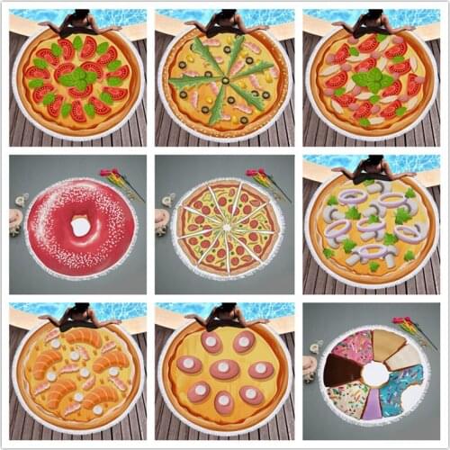 Summer Beach Bath Towels Shawl Mat With Tassel Donuts Pizza Round Microfiber Shower Bath Towel Printed Bohemia No Sand Yoga Mat