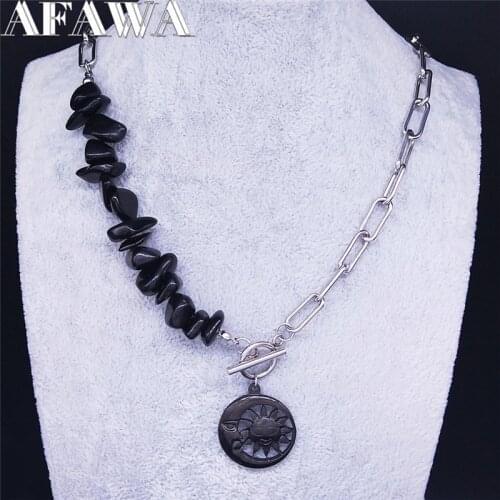 Witchcraft Divination Moon Sun Stainless Steel Black Natural Stone Choker Necklace Women/Men Silver Color Jewelry collar NXS03