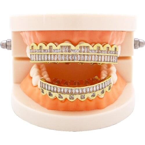 LuReen Hip Hop Teeth Grillz Sets For Men Top Bottom Shiny Grill Bling Gold Silver Color AAA Cubic Zircon Fashion Teeth Jewelry